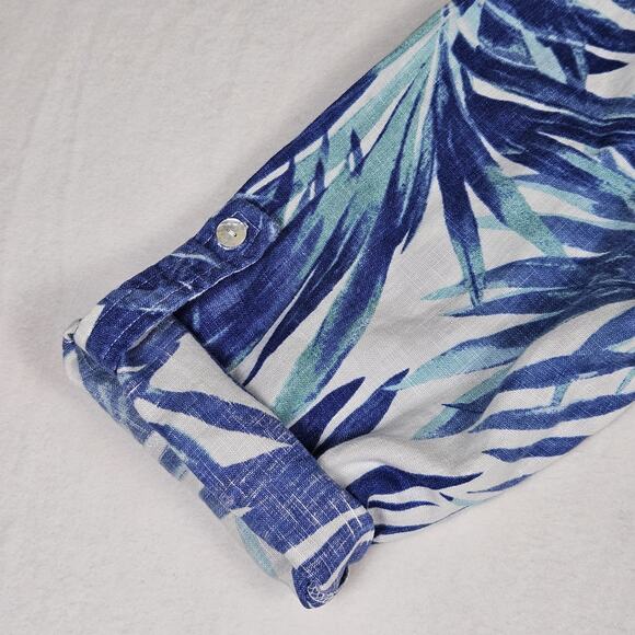 Chicos 2 Linen Open Blazer Jacket Roll Tab Sleeve White Blue Tropical Womens L - Picture 5 of 12